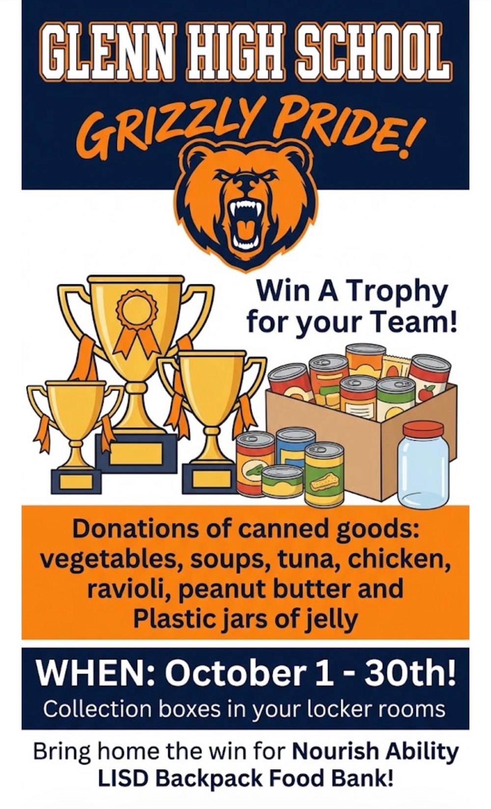 Glenn High School Grizzly Pride flyer: win a trophy for your team, October 1 to 30, collection boxes in your locker rooms.