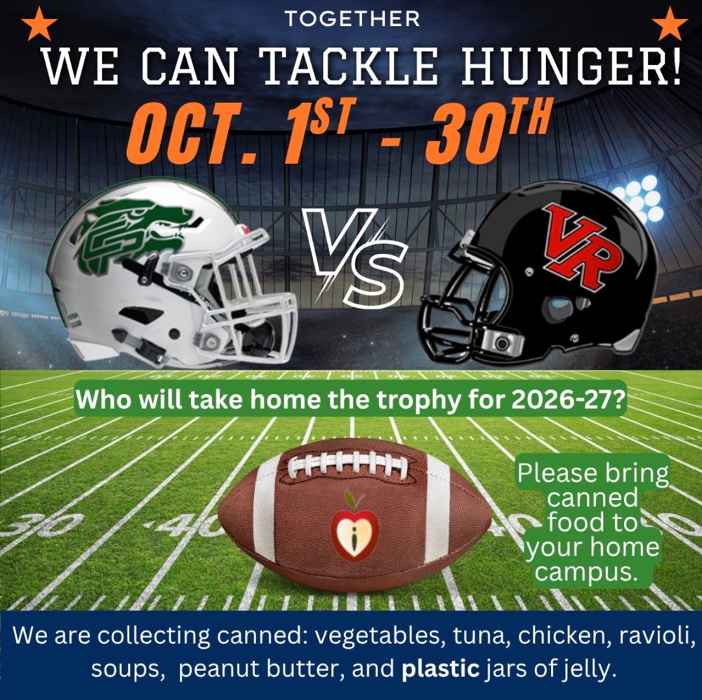 Together We Can Tackle Hunger flyer: October 1st to 30th campus rivalry food drive. Please bring canned food to your home campus.